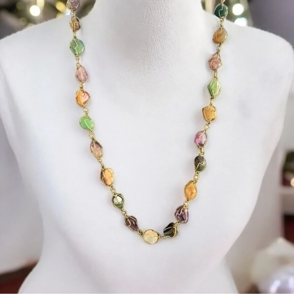 Vintage Gold Tone Wire Caged Multi Gemstone Statement Necklace 30.5